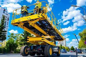 yellow aerial lift platform on the road, construction workers working in background photo