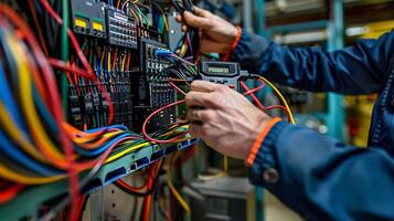 electrician using multimeter on complex control panel, colorful wires, focusing on device and hands, technical skill photo