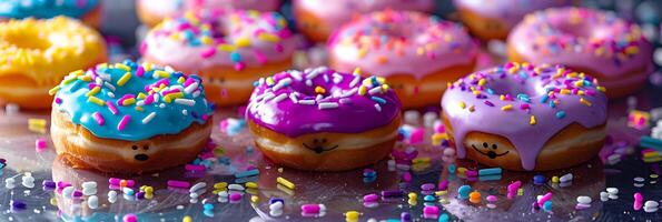 vibrant assorted donuts with colorful sprinkles, focus on purple glazed donut, bokeh background, panoramic format photo
