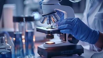 scientist using microscope in research lab, scientific investigation and discovery photo