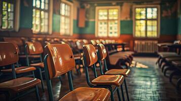 empty classroom with rows of desks and chairs, sunlight filtering through windows, quiet learning space photo