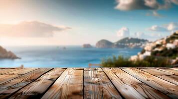 wooden tabletop with coastal seascape backdrop, ideal for showcasing holiday destinations or dining photo