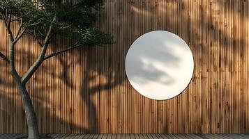 3d rendering of white circle on wooden wall mockup. Modern minimalist abstract background with copy space photo