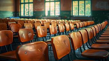 empty classroom with rows of desks and chairs, sunlight filtering through windows, quiet learning space photo