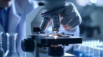 scientist using microscope in research lab, scientific investigation and discovery photo