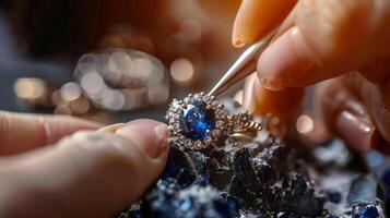 Jeweler making a sapphire and diamond ring in a workshop, closeup of hands with tools working photo