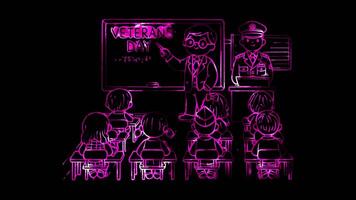Glowing looping Veterans Day classroom learning about Veterans Day. neon frame effect, black background. video