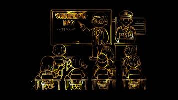 Glowing looping Veterans Day classroom learning about Veterans Day. neon frame effect, black background. video