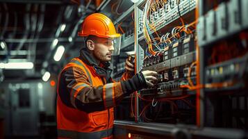 electrical engineer working on switchboard with complex wiring photo