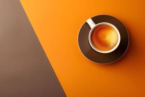 Flat lay of a coffee cup on a brown and orange background, space for copy or design photo