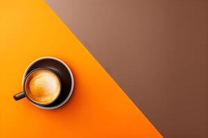 Flat lay of a coffee cup on a brown and orange background, space for copy or design photo