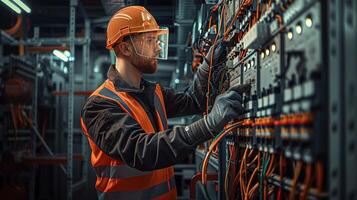 electrical engineer working on switchboard with complex wiring photo