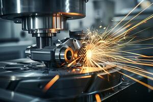 High-Precision CNC Machining Center Operating with Sparks in Brightly Lit Industrial Setting photo