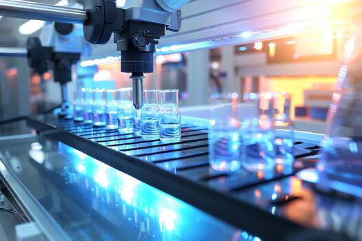 Automated Liquid Handling System with Robotic Arms in Biotech Lab photo