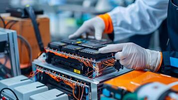 Technician Inspecting Lithium-Ion Battery in High-Tech Lab photo