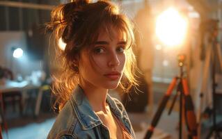 Young Woman With Messy Bun Posing for a Portrait in a Studio photo