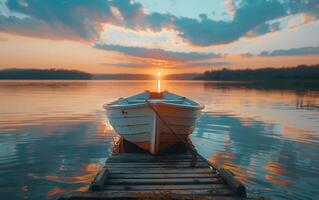 Small Boat Docked on Lake at Sunset photo