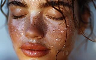 Close Up Of A Womans Face Covered In Water Drops photo