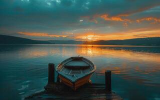 A Small Boat Tied to a Wooden Dock at Sunset photo