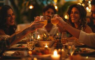 Friends Toasting With Glasses of Beer at an Outdoor Dinner Party photo
