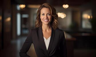 Confident and charismatic businesswoman in a professional portrait, wearing a black blazer and smiling, impeccably styled, captured in a sophisticated office setting with soft, warm photo