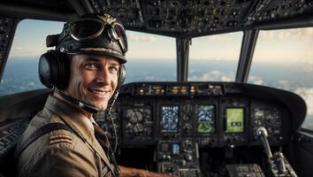 Smiling pilot wearing vintage helmet sitting in airplane cockpit photo