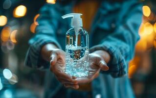Hygiene protection person holding hand sanitizer photo