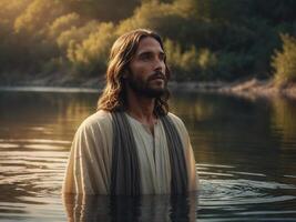 Jesus christ standing in a river being baptized while looking up to heaven photo