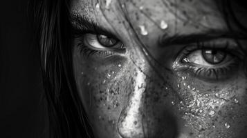 Intense gaze, black and white portrait with water droplets photo