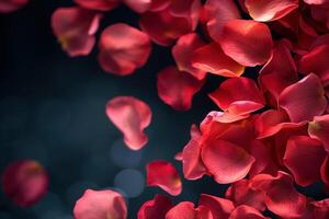 Red rose petals falling on dark background photo