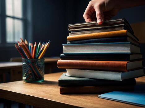 Student picking up book from stack on school desk photo
