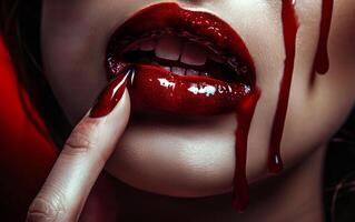 Sensual red glossy lips with blood dripping down photo