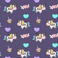 Birthaday party background in cartoon style. Seamless pattern with cute pony with horn vector