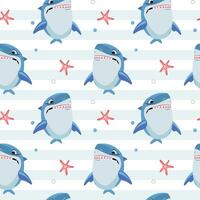 Funny angry shark character. Seamless pattern with cartoon sharks. Shark backgrounds. vector