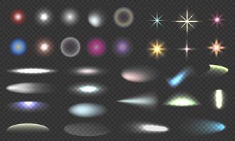 Set of lighting effects of flash. Glitter shining stars, glowing spark. Light beam, rays. Lens flares vector