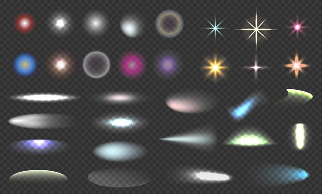 Set of lighting effects of flash. Glitter shining stars, glowing spark. Light beam, rays. Lens flares
