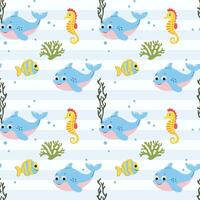 Seamless pattern with baby dolphin and seahorse. Cute marine animals. Colorful background with underwater characters. vector
