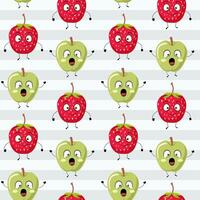 Seamless pattern with funny fruits characters. Cute apple strawberry background. Cartoon fruits with emotions. vector