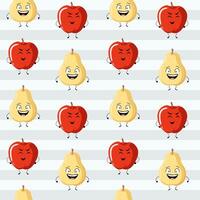 Seamless pattern with funny fruits characters. Cute apple pear background. Cartoon fruits with emotions. vector