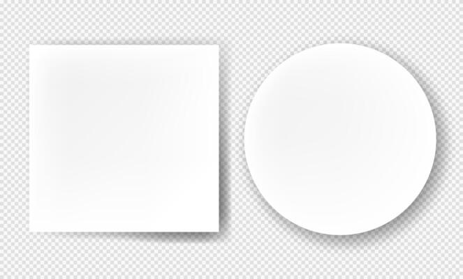 Round and square frames. Realistic blank paper sheets with shadows. Design template or mockup.