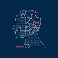 concept of mental health or neuroscience, graphic of jigsaw man with motivational brain vector