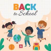 Back to school banner, poster. Happy children jumping and enjoying school time. vector