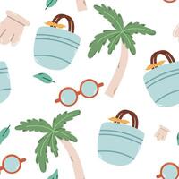 Summer seamless pattern with palm tree, sunglasses and beach bag. Flying background for congratulations, invitations, wrapping paper production, textiles and web design. vector