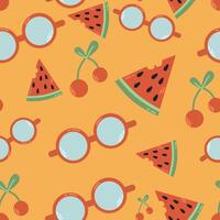 Summer seamless pattern with watermelon, cherry and sunglasses. Flying background for congratulations, invitations, wrapping paper production, textiles and web design. vector