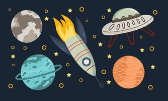 Space on a dark blue background. Rocket, spaceship and planets. vector