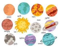 Planets of Solar System set . Earth, Sun, Mercury and Jupiter,Saturn and Uranus with rings, Pluto, Moon, Venus and Neptune vector