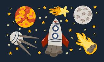 Space on a dark blue background. Rocket, spaceship and planets. vector