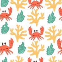 Marine seamless pattern with crab, coral and shells. Marine background for greetings, invitations, wrapping paper production, textiles and web design. vector