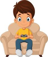 Cartoon boy playing game while sitting on the sofa vector