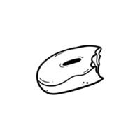 bitten donut doodle line art with glaze side view hand drawn illustration black line on white isolated background vector